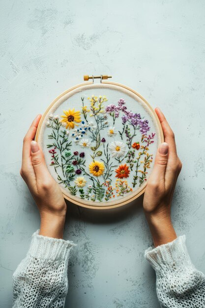 Ręce trzymające tamborek z haftem